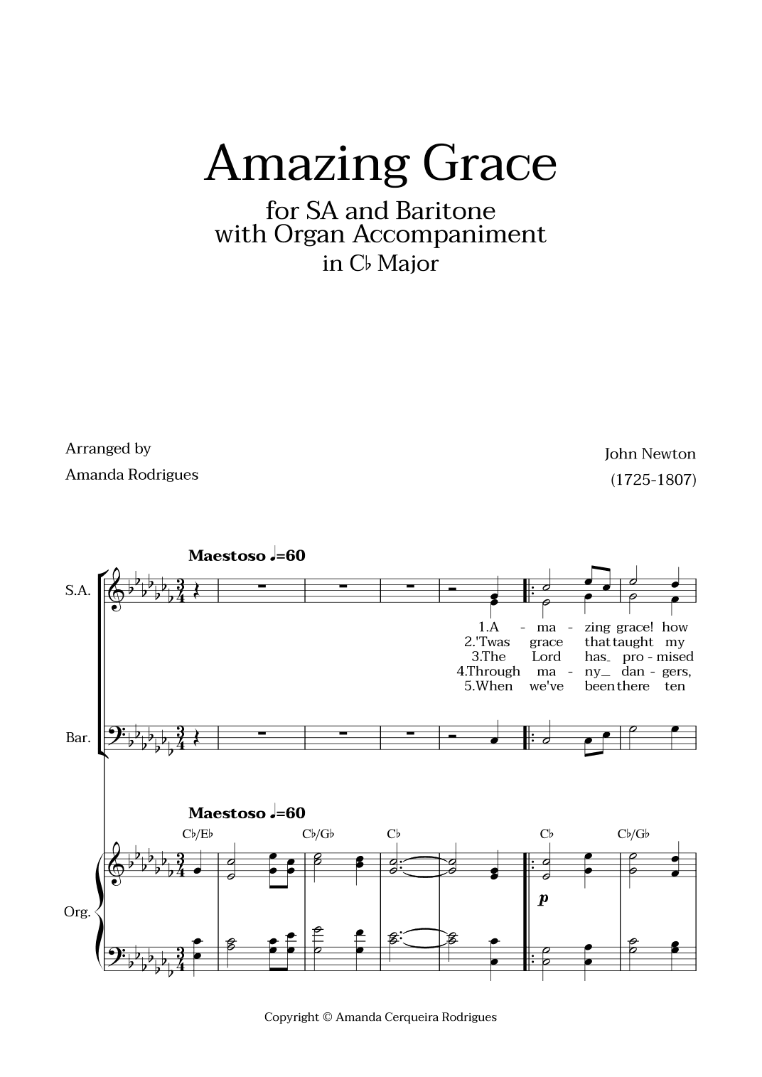 Amazing Grace in Cb Major - SA and Baritone with Organ Accompaniment and Chords (arr. Amanda Cerqueira Rodrigues)