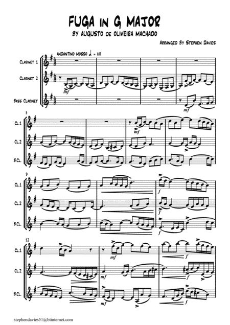 'Fuga in G Major' by Augusto de Oliviera Machado for Clarinet Trio. (arr. Stephen Davies)