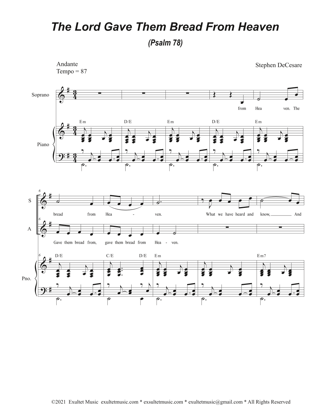 The Lord Gave Them Bread From Heaven (Psalm 78) (Duet for Soprano and Alto solo)