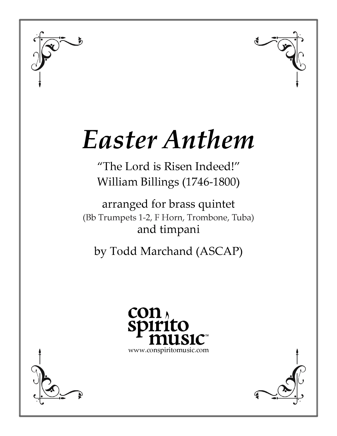 Easter Anthem (William Billings) — brass quintet, timpani (arr. Todd Marchand (ASCAP))