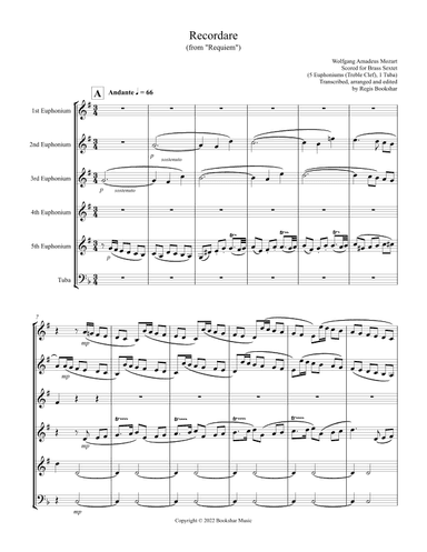Recordare (from "Requiem") (F) (Brass Sextet - 5 Euph (Treble Clef), 1 Tuba) (arr. Regis Bookshar)