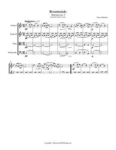 ROSEMUNDE - ENTR'ACTE NO. 3 - ANDANTINO String Quartet, Intermediate Level for 2 violins, viola and (arr. Sherry Lewis)