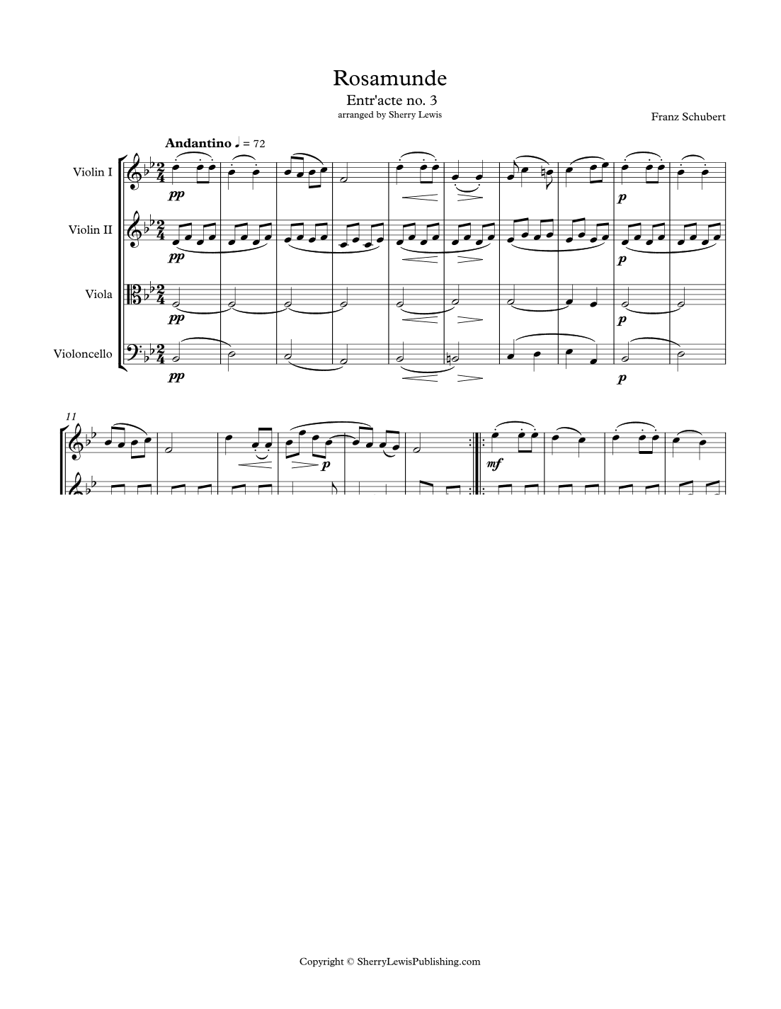 ROSEMUNDE - ENTR'ACTE NO. 3 - ANDANTINO String Quartet, Intermediate Level for 2 violins, viola and (arr. Sherry Lewis)