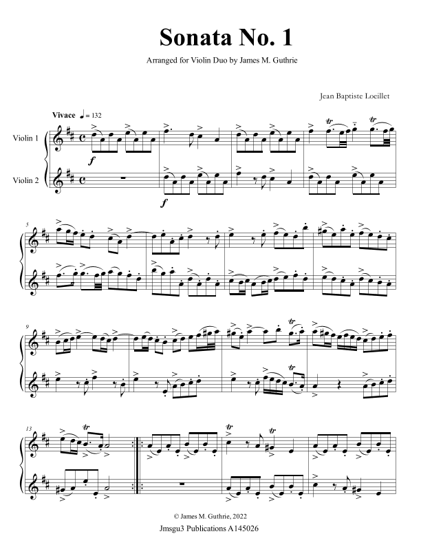 Loeillet: Six Sonatas Op. 5 No. 2 Complete for Violin Duo (arr. James M. Guthrie)