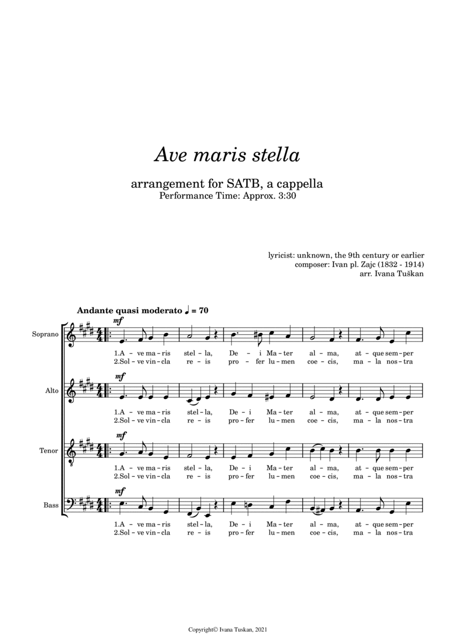 Ave maris stella SATB a cappella E-major (arr. Ivana Tuškan)