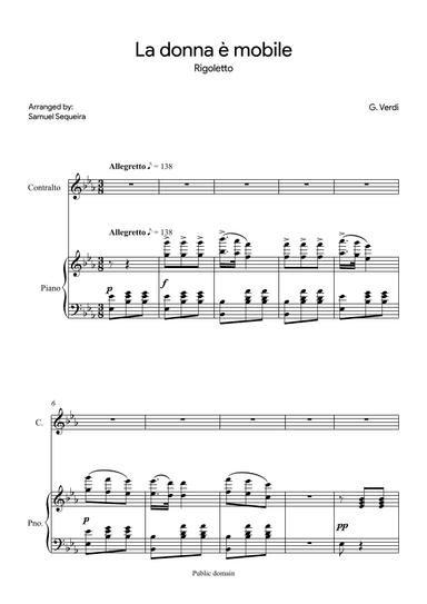 La donna è mobile - for Contralto - in Eb (arr. Samuel Sequeira)