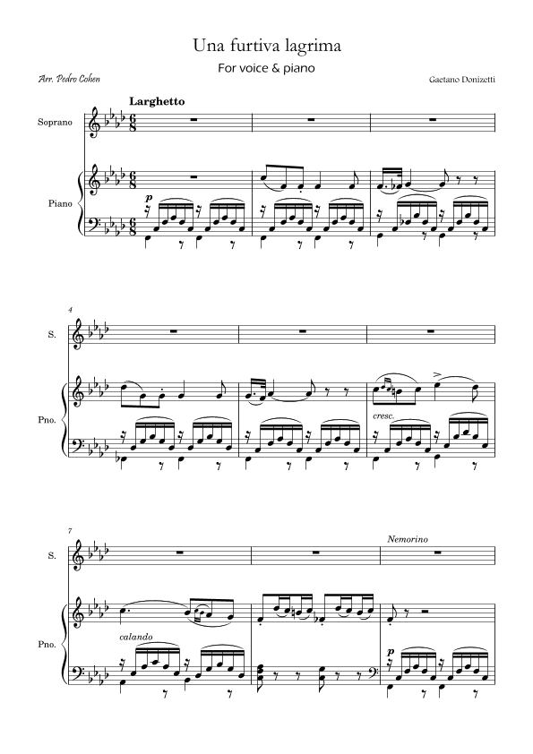 Una Furtiva Lagrima (Soprano in Fm) (arr. Pedro Cohen)
