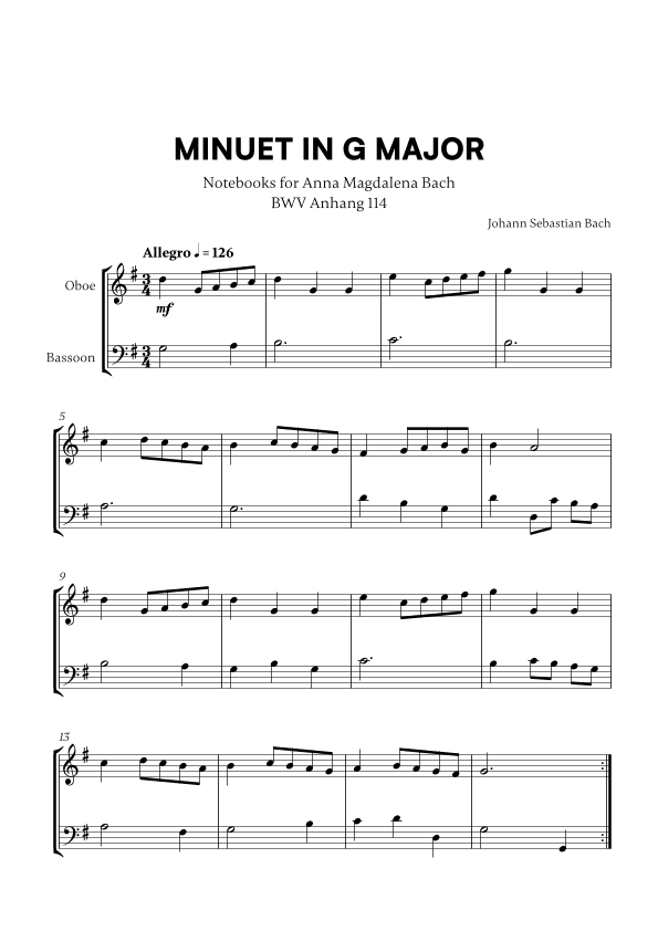 Minuet in G Major (BWV Anh. 114) (for Oboe and Bassoon) (arr. Cadenza Editions)