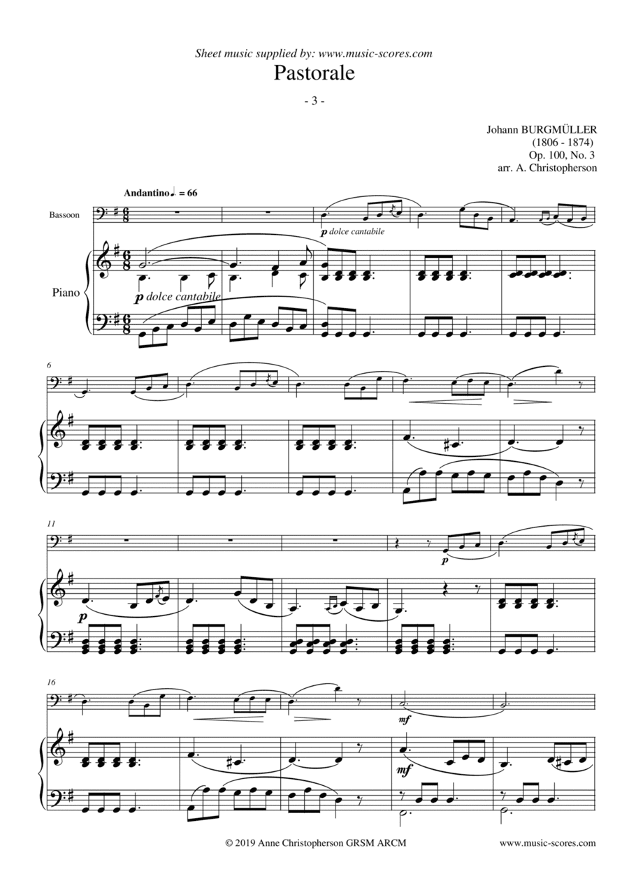 Pastorale - Burgmuller Op.100, No.3 - Bassoon and Piano (arr. Anne L Christopherson GRSM ARCM)