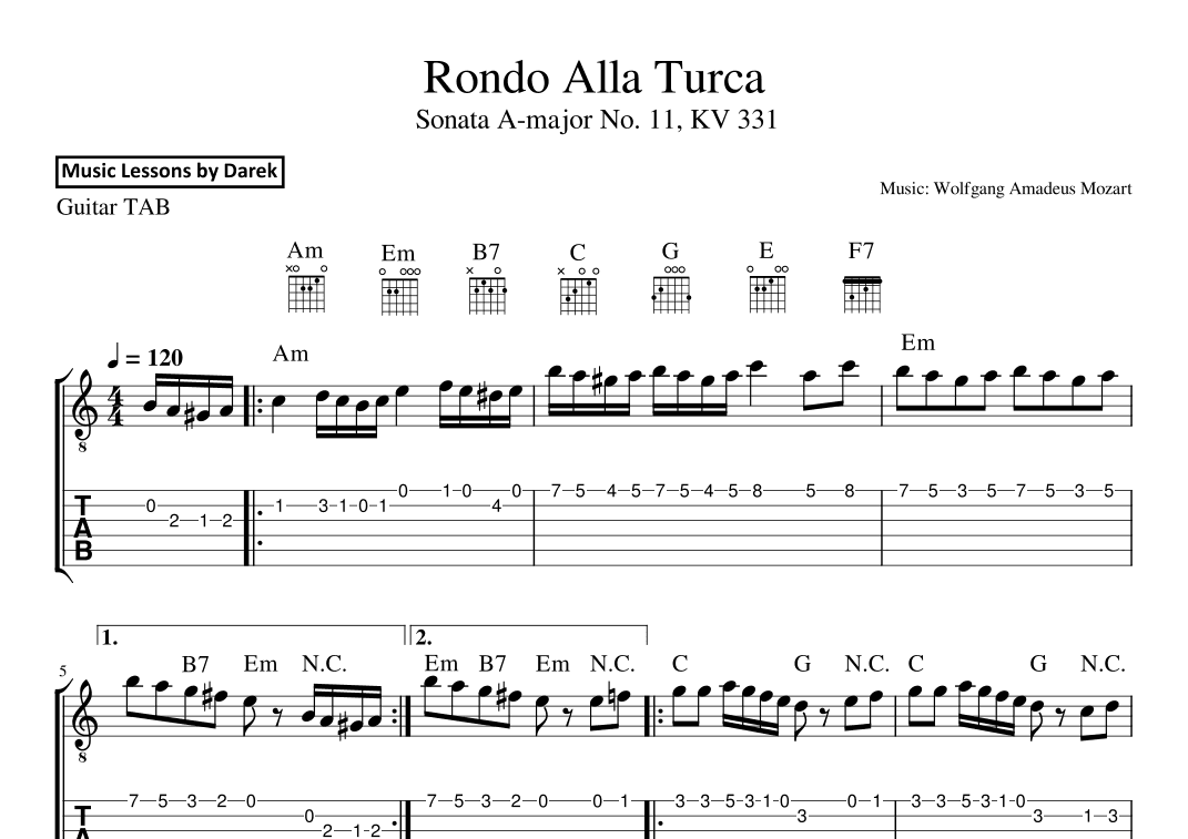 Rondo Alla Turca (GUITAR TAB) Sonata A-major No. 11, KV 331 [Wolfgang Amadeus Mozart] EXCERPT (arr. Darek)
