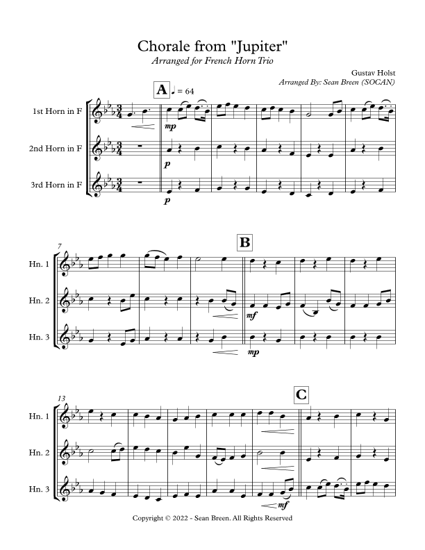 Chorale from Jupiter - French Horn Trio (arr. Sean Breen)