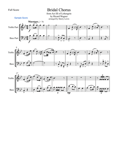 BRIDAL CHORUS Duo for String Duo, Woodwind Duo, Intermediate Level for any combination of a treble c (arr. Sherry Lewis Publishing)