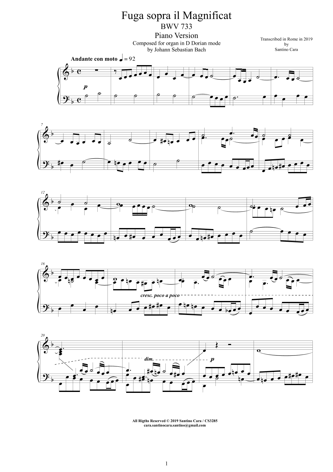 Bach - Fuga sopra il Magnificat - BWV 733 - Piano version (arr. Santino Cara)