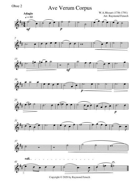 Ave Verum Corpus - W.A.Mozart - Oboe Quartet - Intermediate (arr. Raymond Fenech)