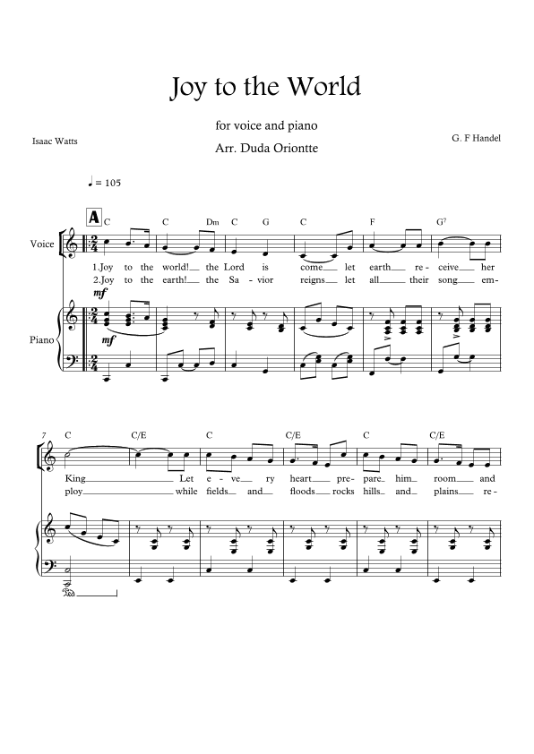 Joy to the World (C major - one voice - with chords) (arr. Duda Oriontte)