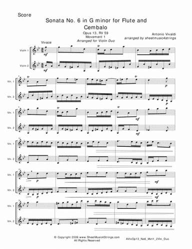 Vivaldi, A. - Sonata No. 6 Mvt. 1 for Two Violins (arr. Linda M. Scott)