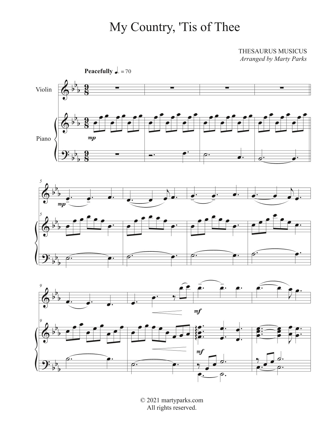 My Country, 'Tis of Thee (Violin-Piano) (arr. Marty Parks)