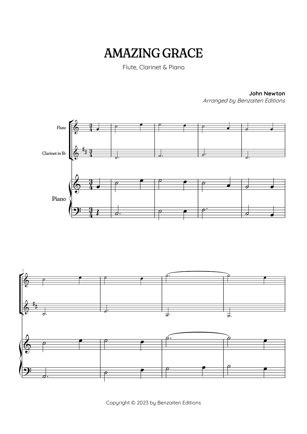 Amazing Grace •  super easy flute and clarinet sheet music with piano accompaniment (arr. Benzaiten Editions)