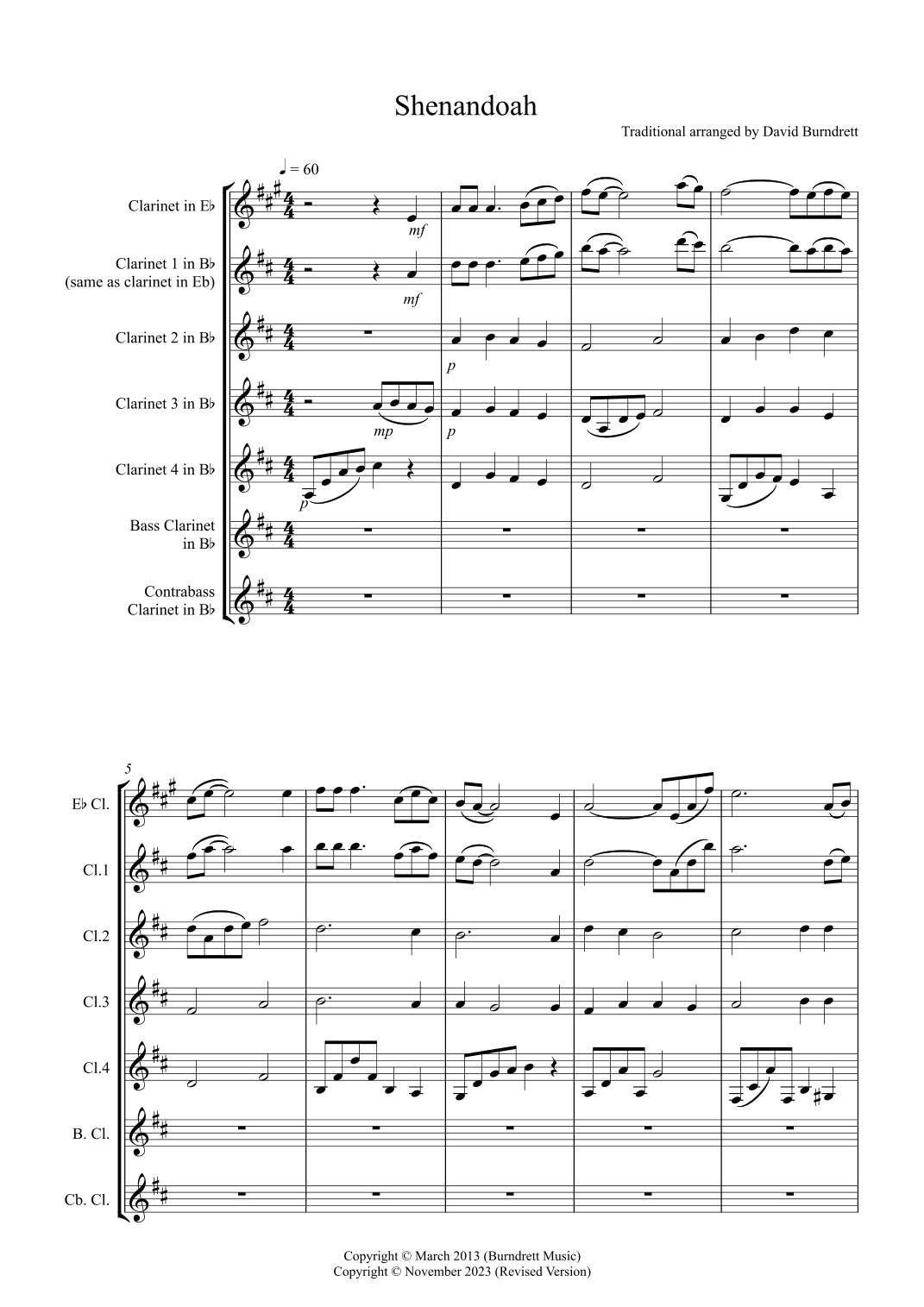 Shenandoah for Clarinet Choir (arr. David Burndrett)