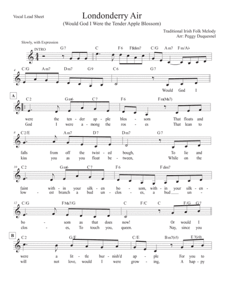 Londonderry Air (Would God I Were the Tender Apple Blossom) Key of C (arr. Duquesnel Music Publishing)