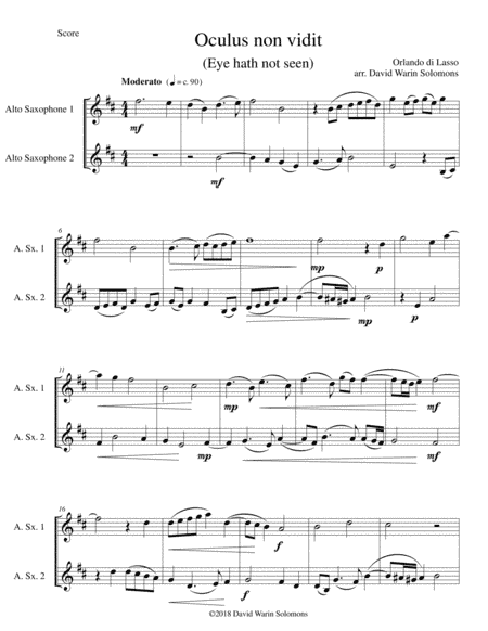 Oculus non vidit (Eye hath not seen) arranged for 2 alto saxophones (arr. David Warin Solomons)