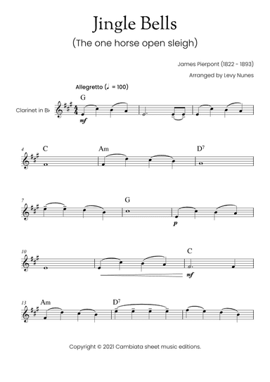 Jingle Bells - For B flat clarinet (with chord symbols) Easy/Beginner (arr. Levy Nunes)