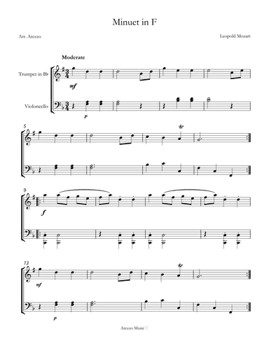 sheet music for minuet in f leopold mozart trumpet and cello (arr. Arezzo Music)