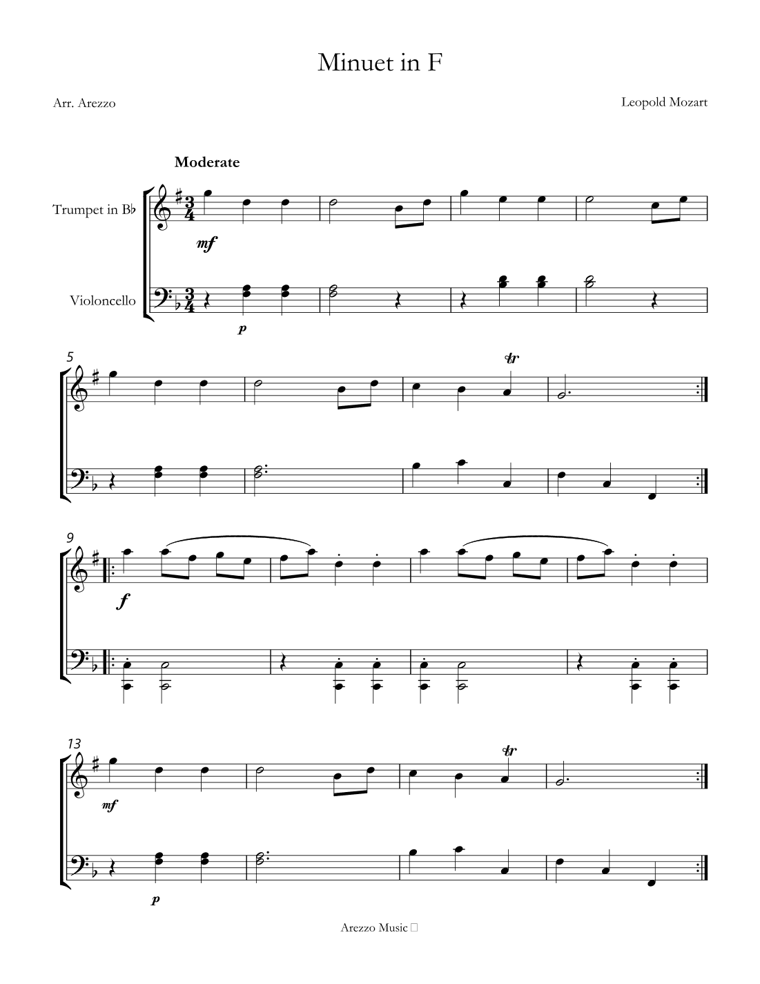 sheet music for minuet in f leopold mozart trumpet and cello (arr. Arezzo Music)