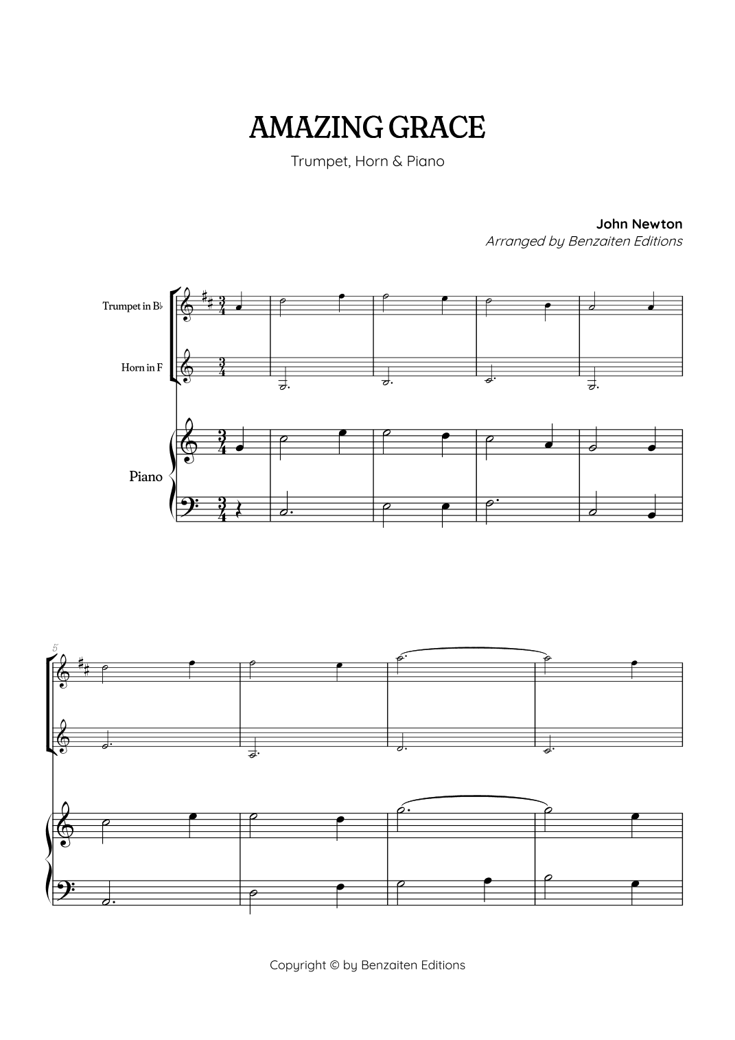 Amazing Grace • super easy trumpet and french horn sheet music with piano accompaniment (arr. Benzaiten Editions)