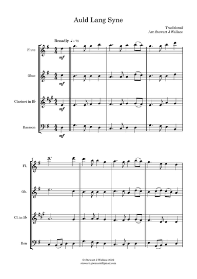 Auld Lang Syne - Woodwind Quartet Score and Parts (arr. Stewart J Wallace)