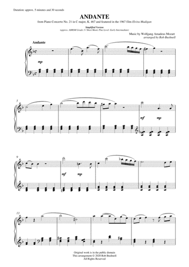 Andante (2nd Movement) from Piano Concerto No. 21 "Elvira Madigan" (Mozart) - Solo Piano (Level 2) (arr. Rob Bushnell)