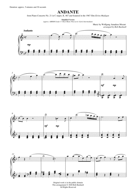 Andante (2nd Movement) from Piano Concerto No. 21 "Elvira Madigan" (Mozart) - Solo Piano (Level 2) (arr. Rob Bushnell)