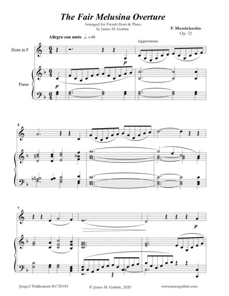 Mendelssohn: The Fair Melusina Overture, Op. 32 for French Horn & Piano (arr. James Guthrie, ASCAP)