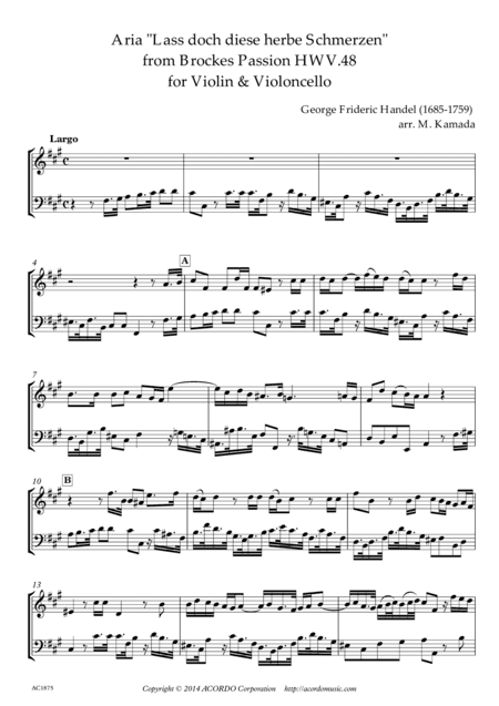 'Lass doch diese herbe Schmerzen' from Brockes Passion HWV.48 for Violin & Violoncello (arr. Mikio Kamada)