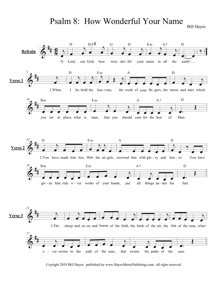 Psalm 8:  How Wonderful Your Name - Leadsheet