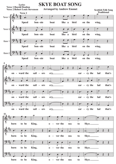 Skye Boat Song A Cappella TTBB (arr. Andrew Emmet)