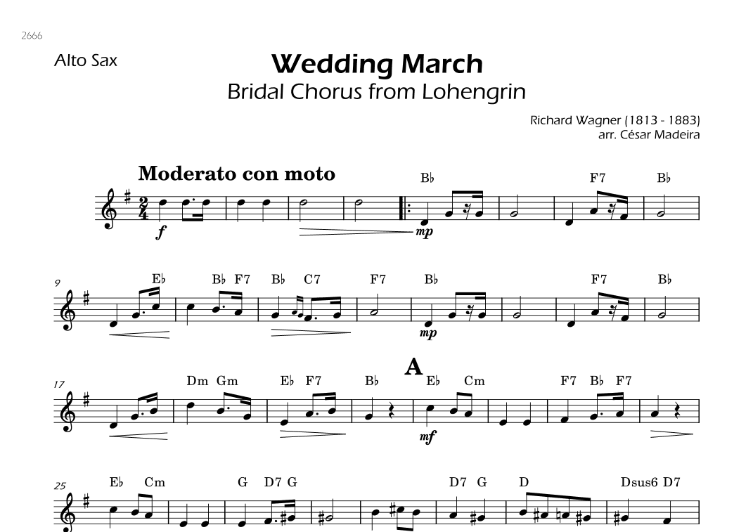 Wedding March (Bridal Chorus) - Alto Sax Solo - W/Chords (arr. César Madeira)
