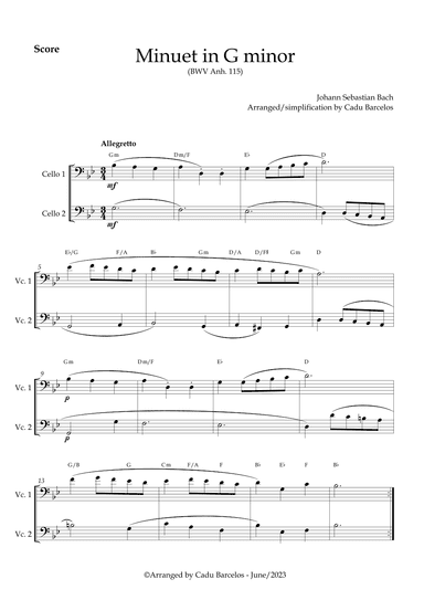 Minuet in G minor BWV anh 115 (Bach) 2 Cellos chords (arr. Cadu Barcelos)