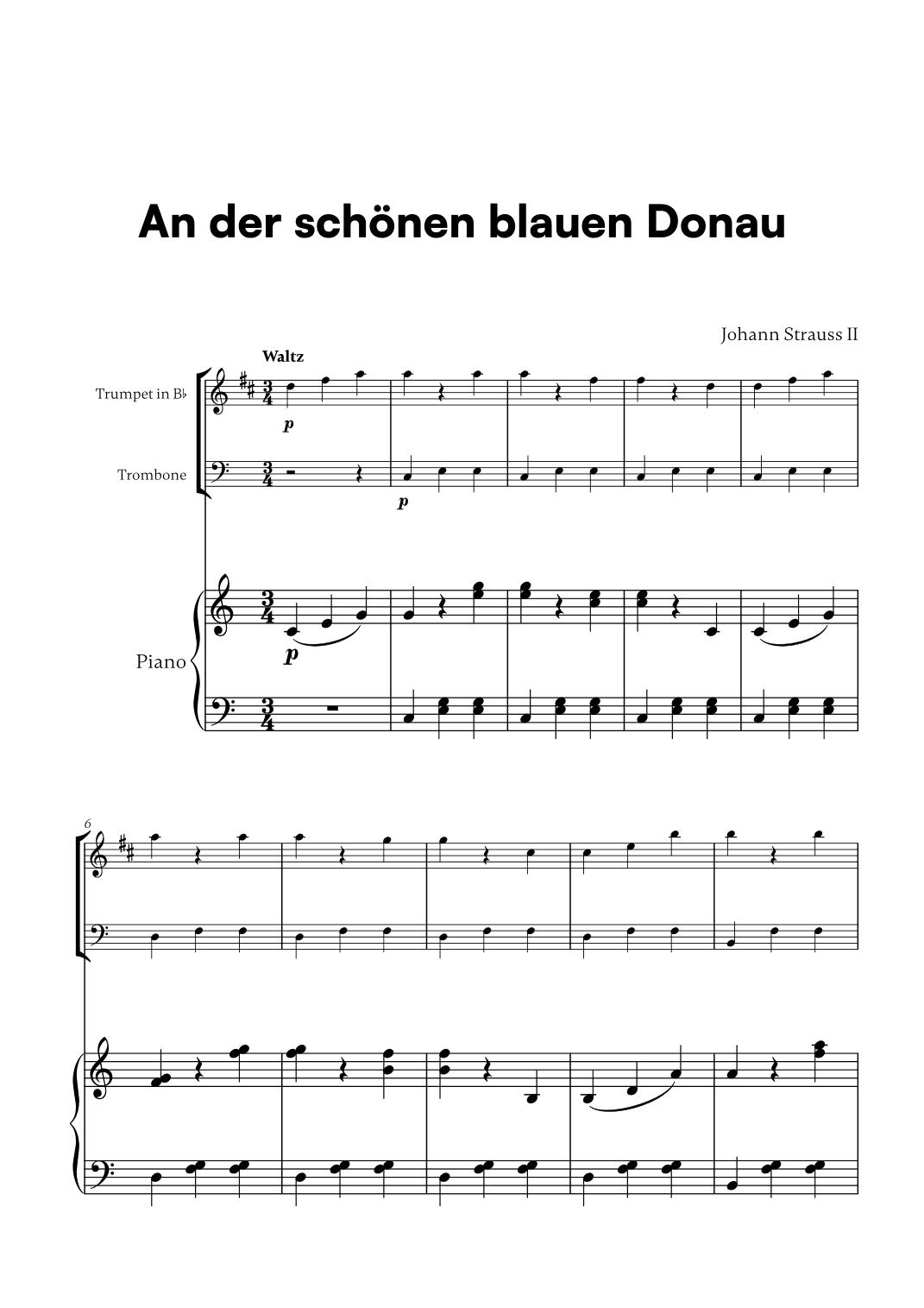 Johann Strauss II - An der scho¨nen blauen Donau for Trumpet in Bb, Trombone and Piano (arr. Cadenza Editions)