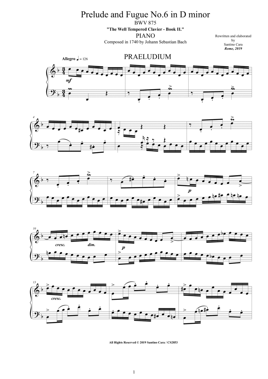 Bach - Prelude and Fugue No.6 in D minor BWV 875 for Piano (arr. Santino Cara)
