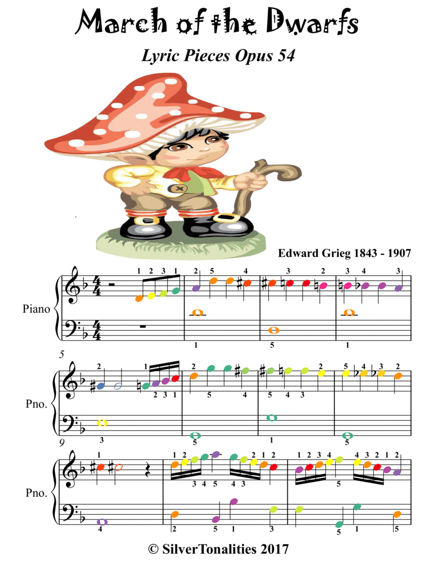 March of the Dwarfs Lyric Pieces Opus 54 Easiest Piano Sheet Music with Colored Notes (arr. SilverTonalities)