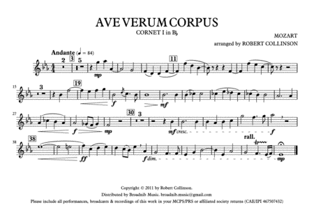 AVE VERUM CORPUS (Mozart) - March card (A5) parts only (arr. Robert Collinson)