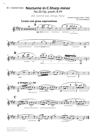 Nocturne No.20 in C Sharp minor - Clarinet Solo, Strings and Piano (Individual Parts) (arr. César Madeira)