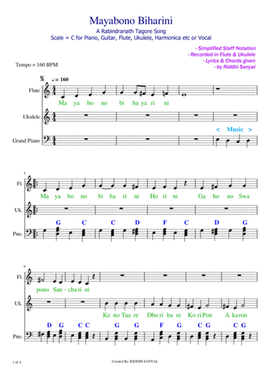 Mayabono Biharini Horini | A Tagore Song | Sheet Music in C (arr. Riddhi Sanyal)
