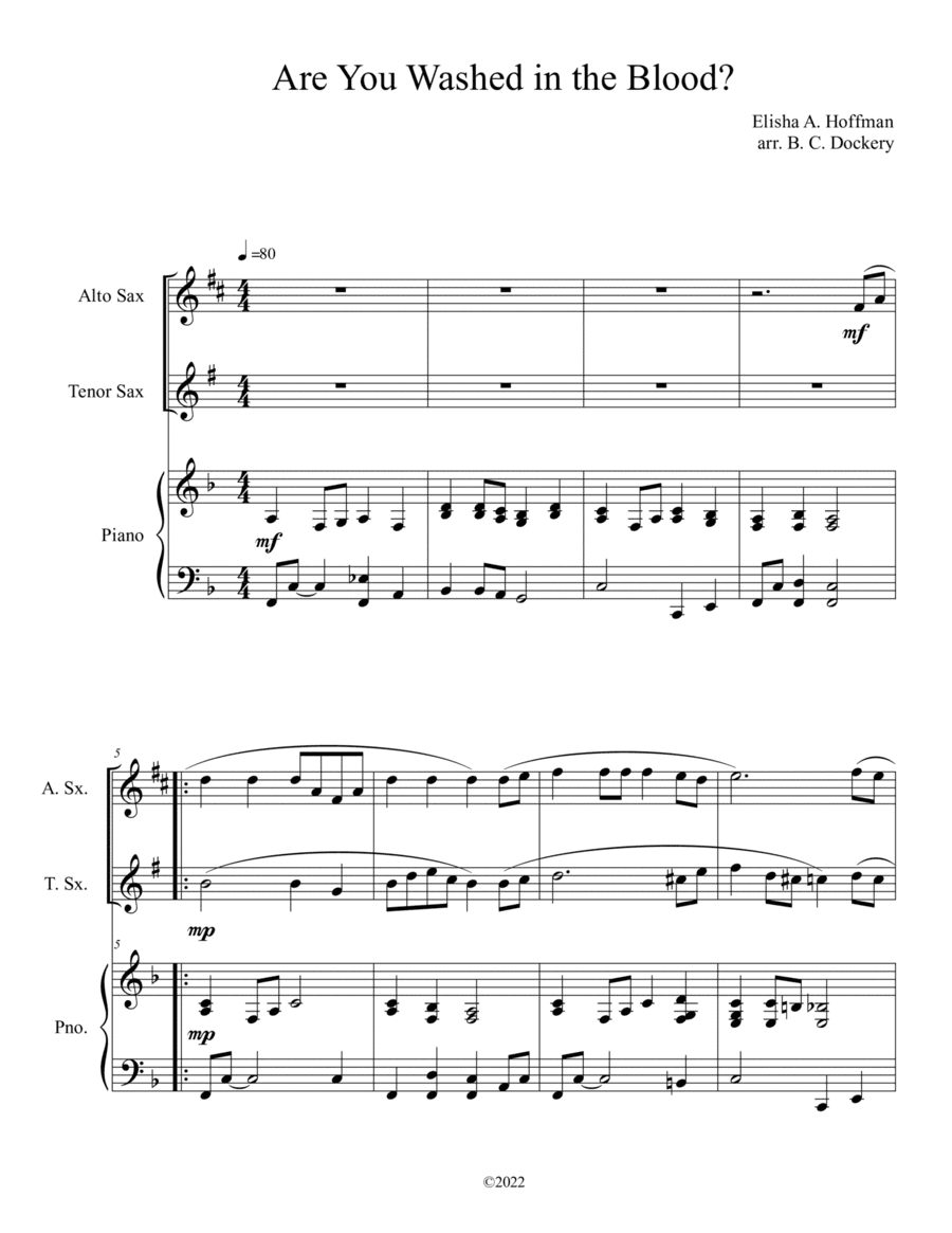 Are You Washed in the Blood? (Alto and Tenor Sax Duet with Piano Accompaniment) (arr. B. C. Dockery)