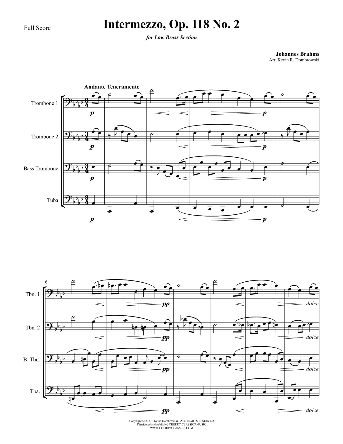 Intermezzo, Op. 118 No. 2 for Low Brass Ensemble (arr. Kevin Dombrowski)