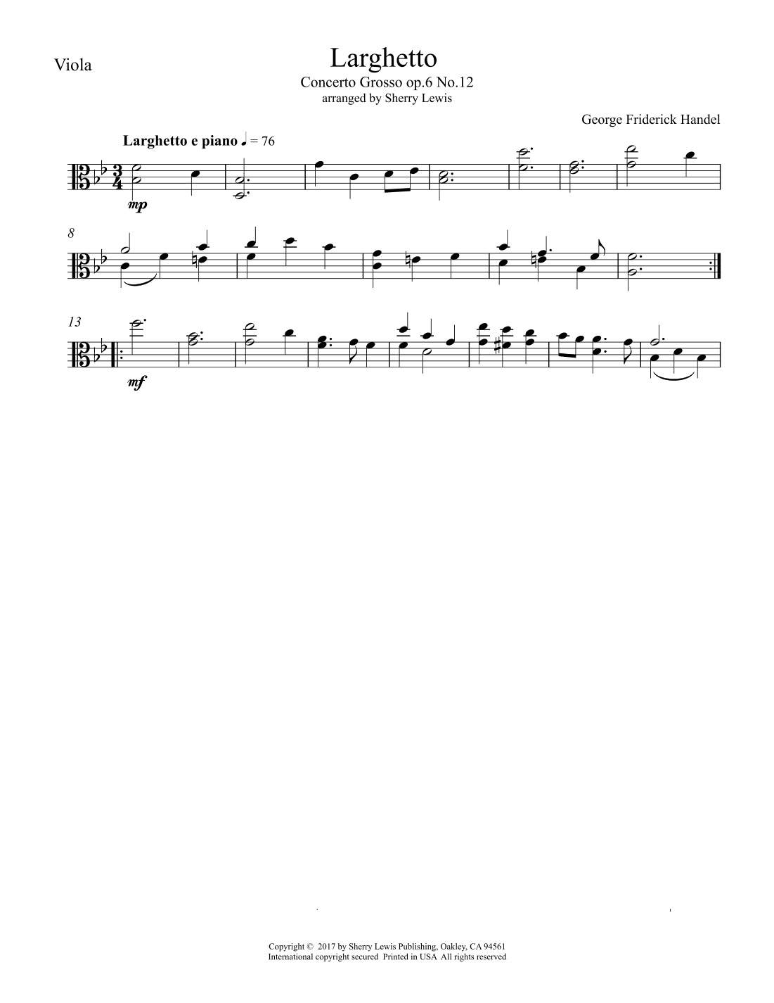 Larghetto, Op.6, No.12, VIOLA SOLO (arr. Sherry Lewis)