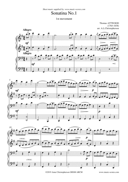 Attwood Sonatina No.1: 1st Movement: Piano Duet (arr. Anne L Christopherson GRSM ARCM)