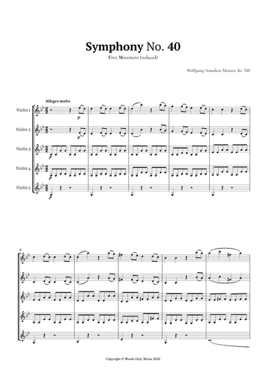 Symphony No. 40 by Mozart for Violin Quintet (arr. Ander)