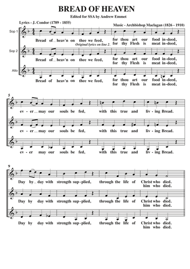 Bread Of Heaven A Cappella SSA (arr. Andrew Emmet)